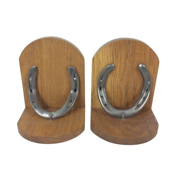 Wood & Iron Horseshoe Bookends Rustic Western Farmhouse Decor - Picture 1 of 7